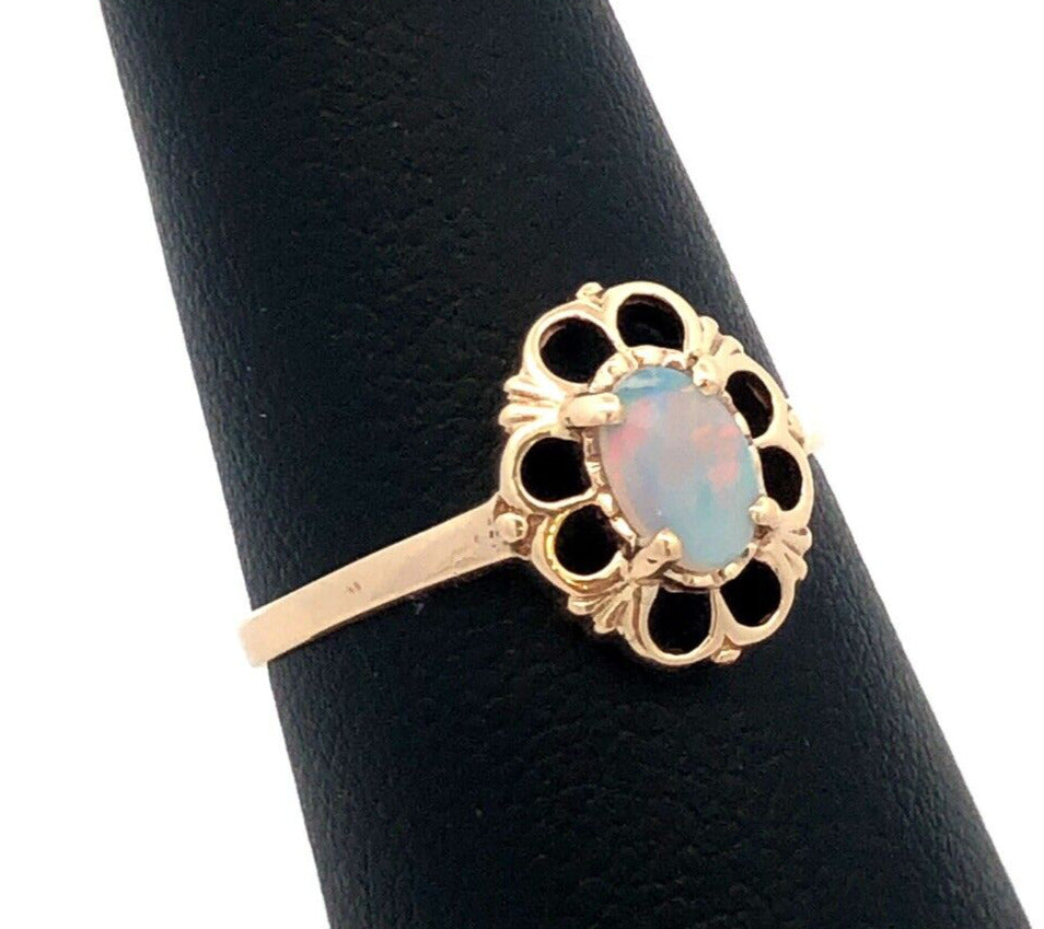 Estate 10K Yellow Gold Oval White Opal October Birthstone Anniversary Ring