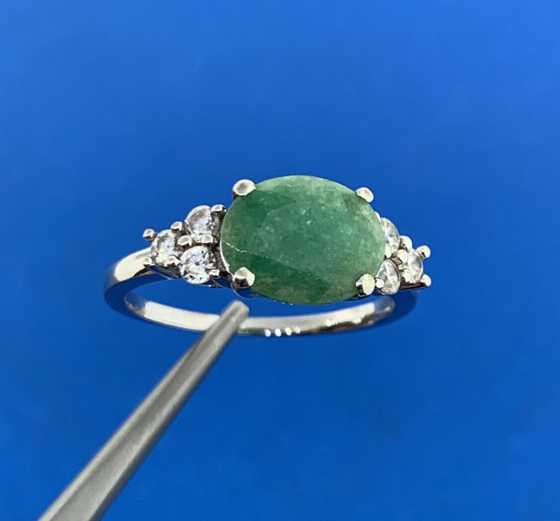 Designer 925 Sterling Silver Oval Jade Cubic Zirconia Accented Cocktail Ring