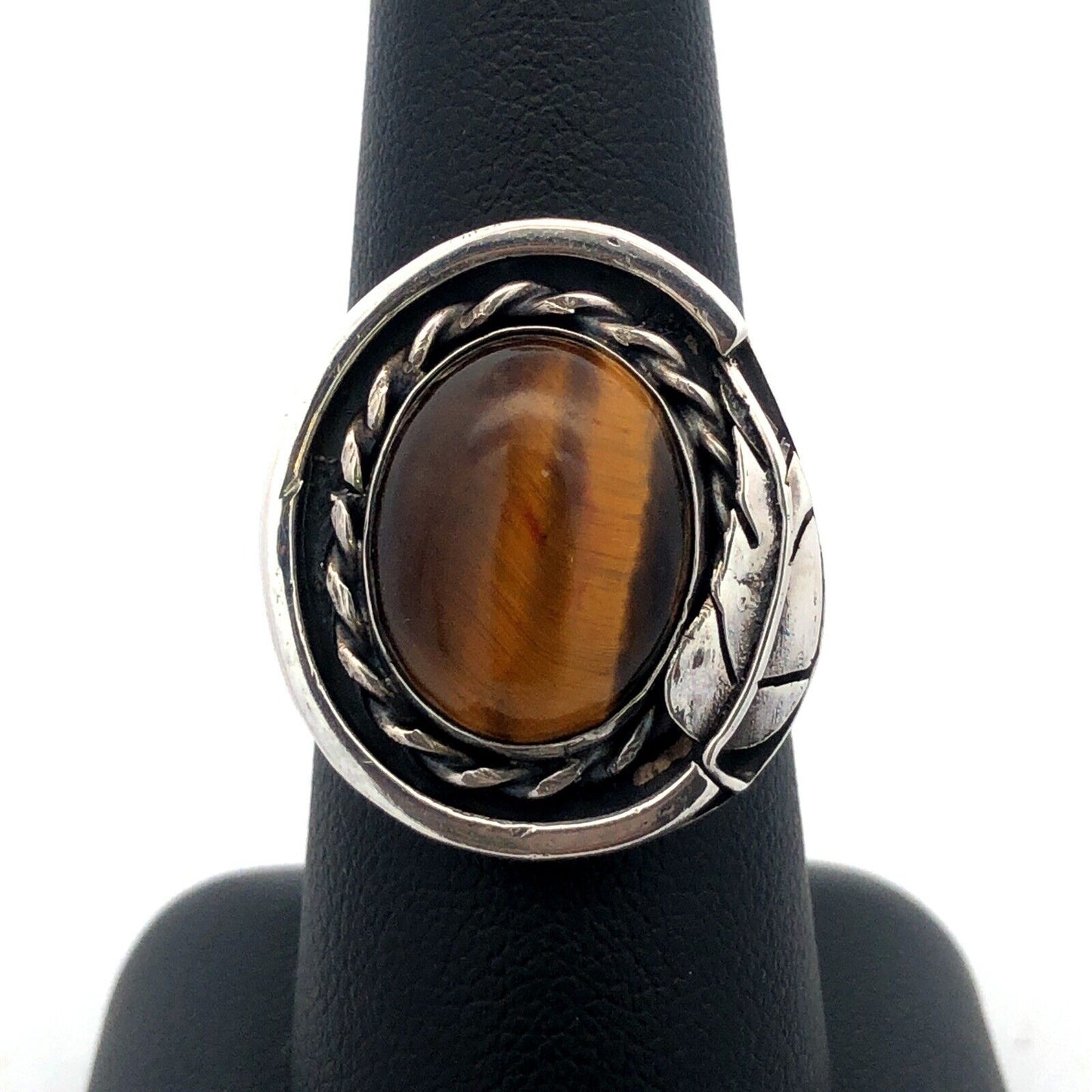 Estate 925 Sterling Silver Cabochon Tigers Eye Feather Design Oval Ring