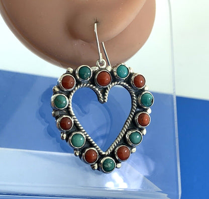 Artisan Leo Feeney Sterling Silver Turquoise Coral Open Heart Dangle Earrings