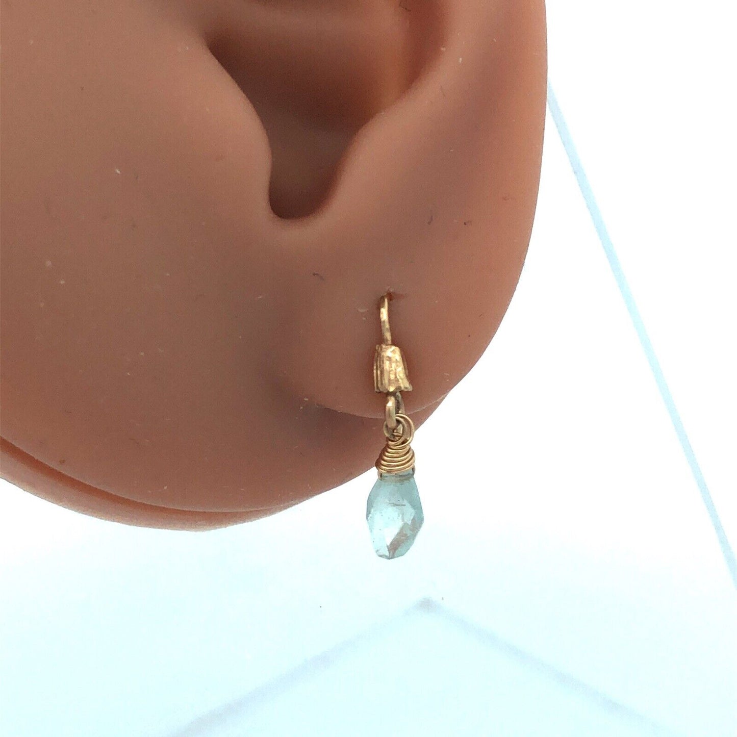 14k Yellow Gold Aquamarine Calming Soothing Dangle Hook Earrings