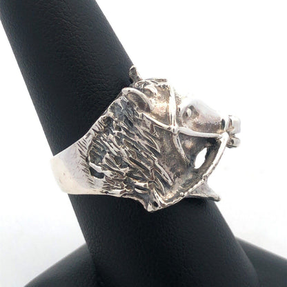 Retro 925 Sterling Silver Horse Head Bridle Western Style Statement Chunky Ring