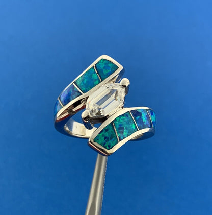 Designer 925 Sterling Silver Cubic Zirconia Opal Doublet Statement Bypass Ring