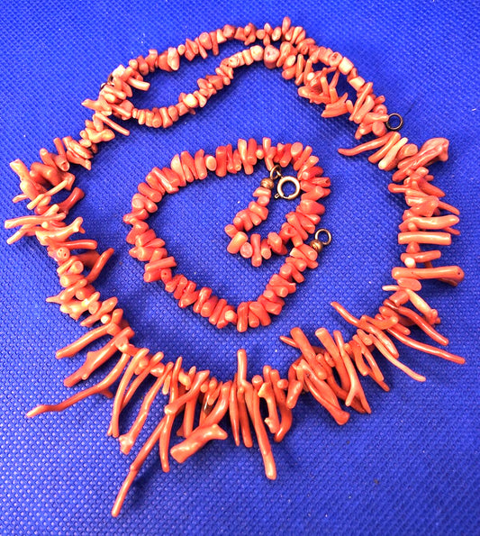 Vintage Natural Red Coral Bead Statement Necklace & Bracelet Set