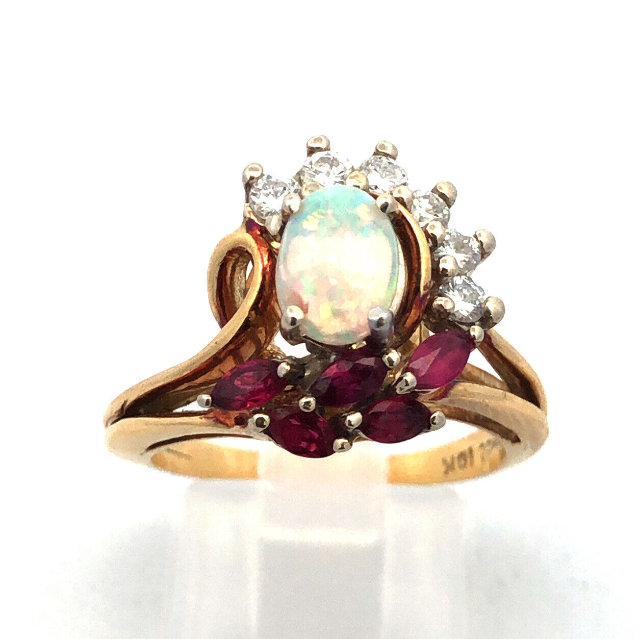 Vintage Gemco 18K Yellow Gold Opal Ruby Diamond Free Form Cocktail Ring