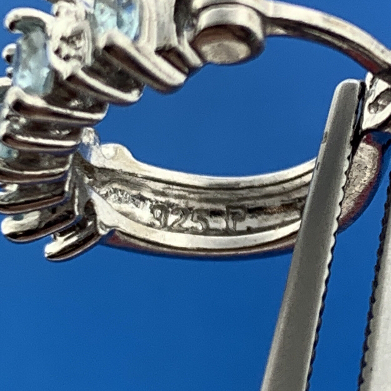 Designer Sterling Silver Marquise Aquamarine Diamond Accented Half Hoop Earrings