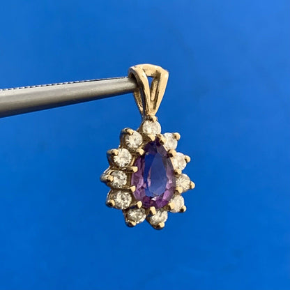 Vintage Designer 14K Yellow Gold Pear Amethyst Diamond Halo Teardrop Pendant