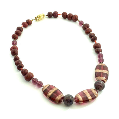 Artisan 14K Yellow Gold Amethyst Art Glass Wooden Mixed Bead Necklace