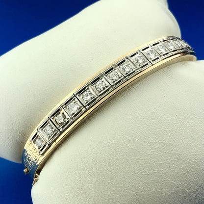 Art Deco Art Nouveaux 14K Yellow White Gold Diamond Ladder Hinged Cuff Bracelet