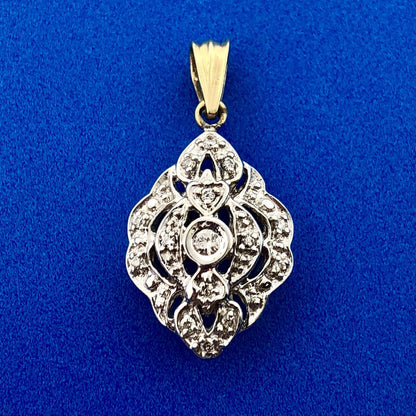 Vintage Art Deco Style 10k Yellow White Gold Diamond Pendant