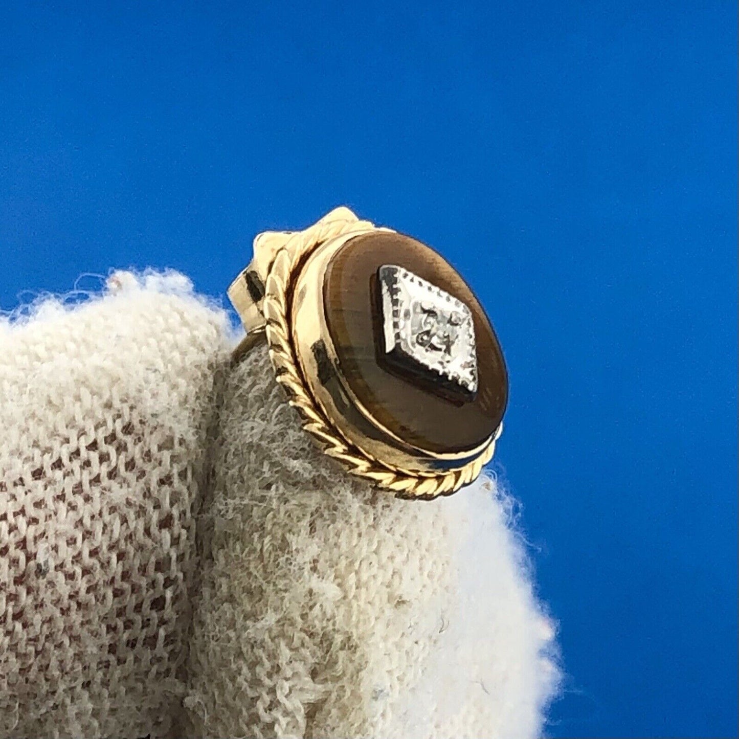 Retro 14K Yellow White Gold Oval Tiger Eye Cabochon Diamond Accent Stud Earrings