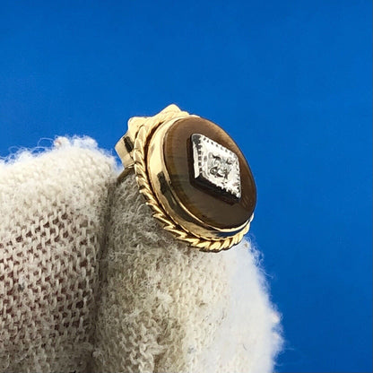 Retro 14K Yellow White Gold Oval Tiger Eye Cabochon Diamond Accent Stud Earrings