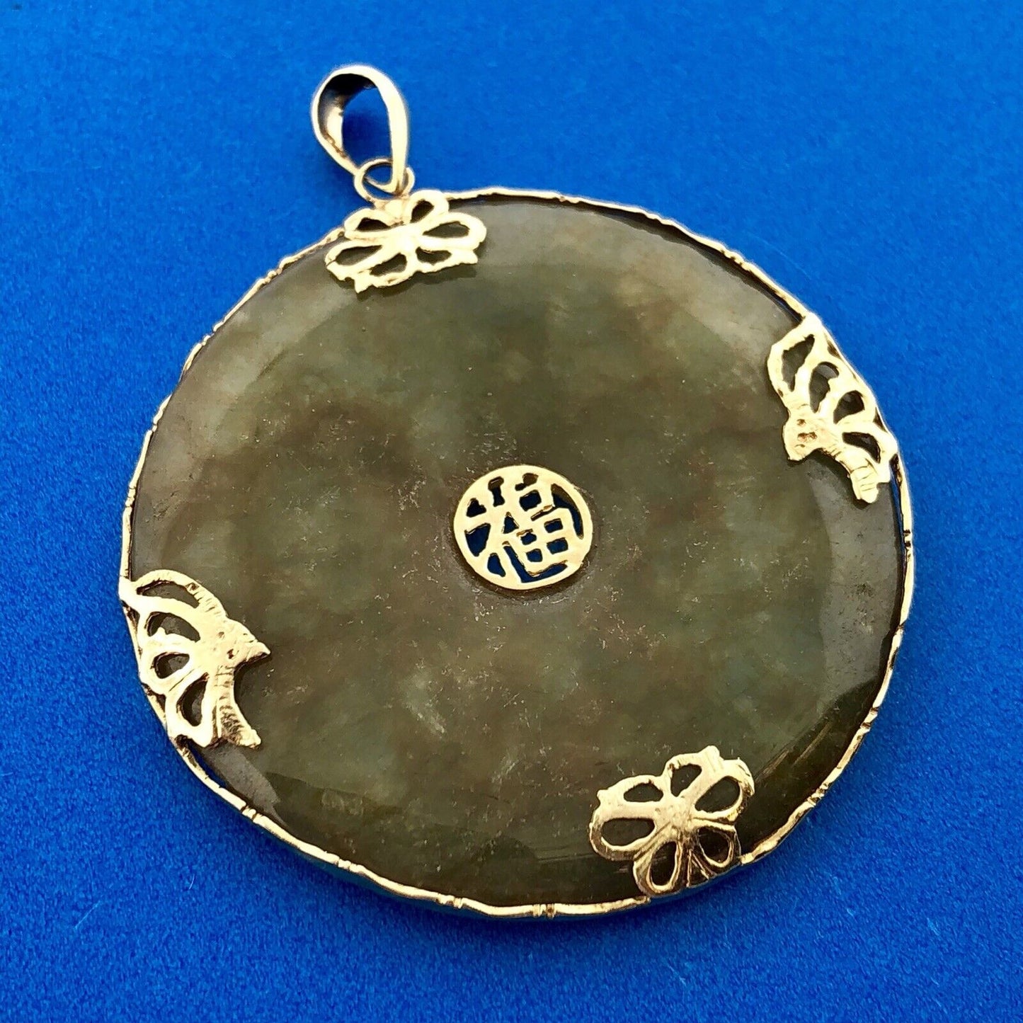 Vintage 14K Yellow Gold Jadeite Jade Chinese Character Good Luck Amulet Pendant