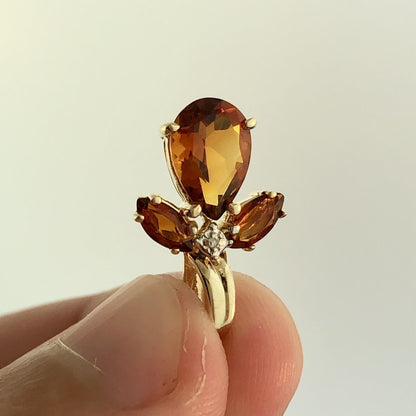 Estate 10K Yellow Gold Citrine Diamond Floral Cluster November Occasion Pendant