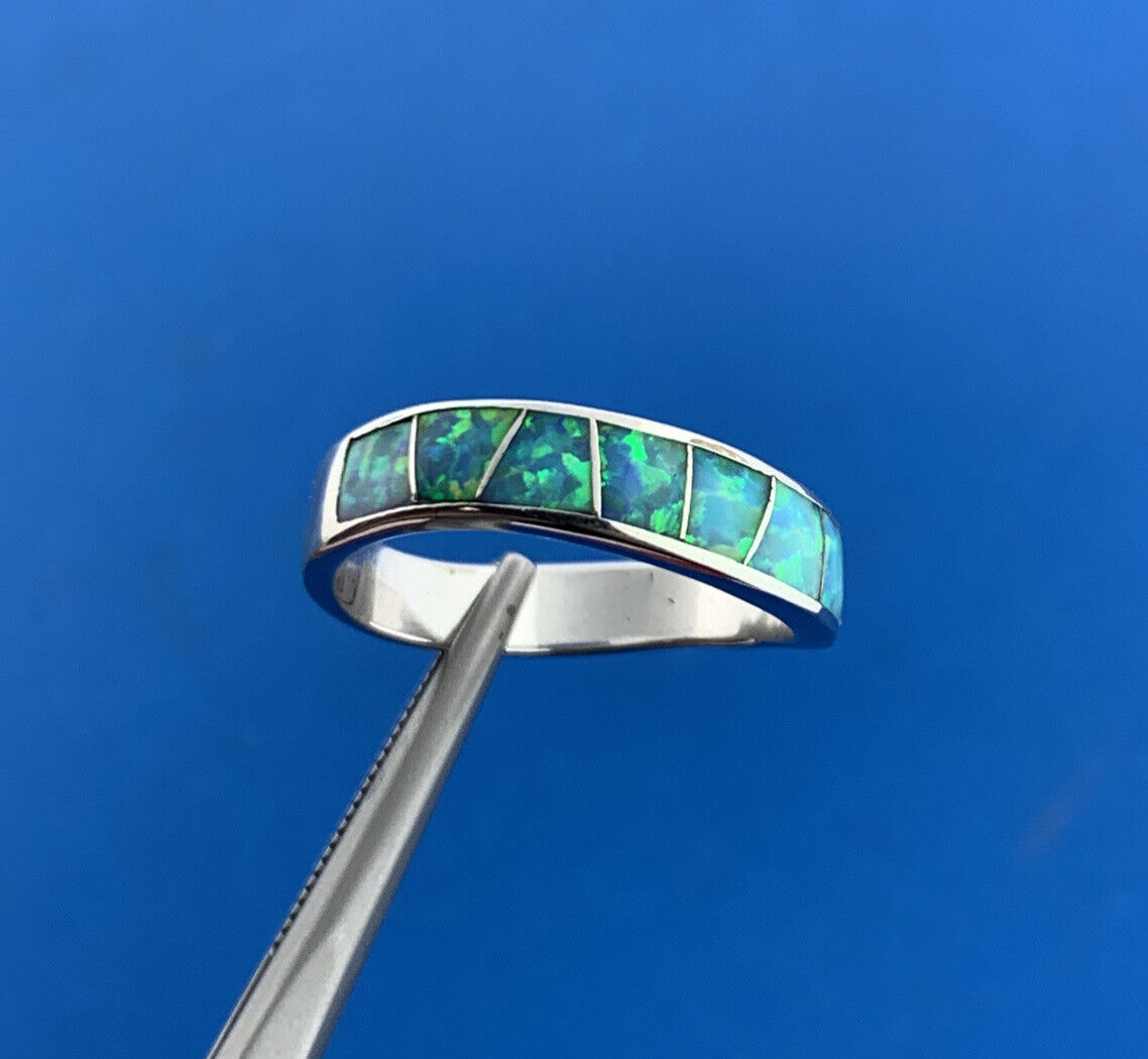 Designer 925 Sterling Silver Opal Inlay Stackable Band Ring