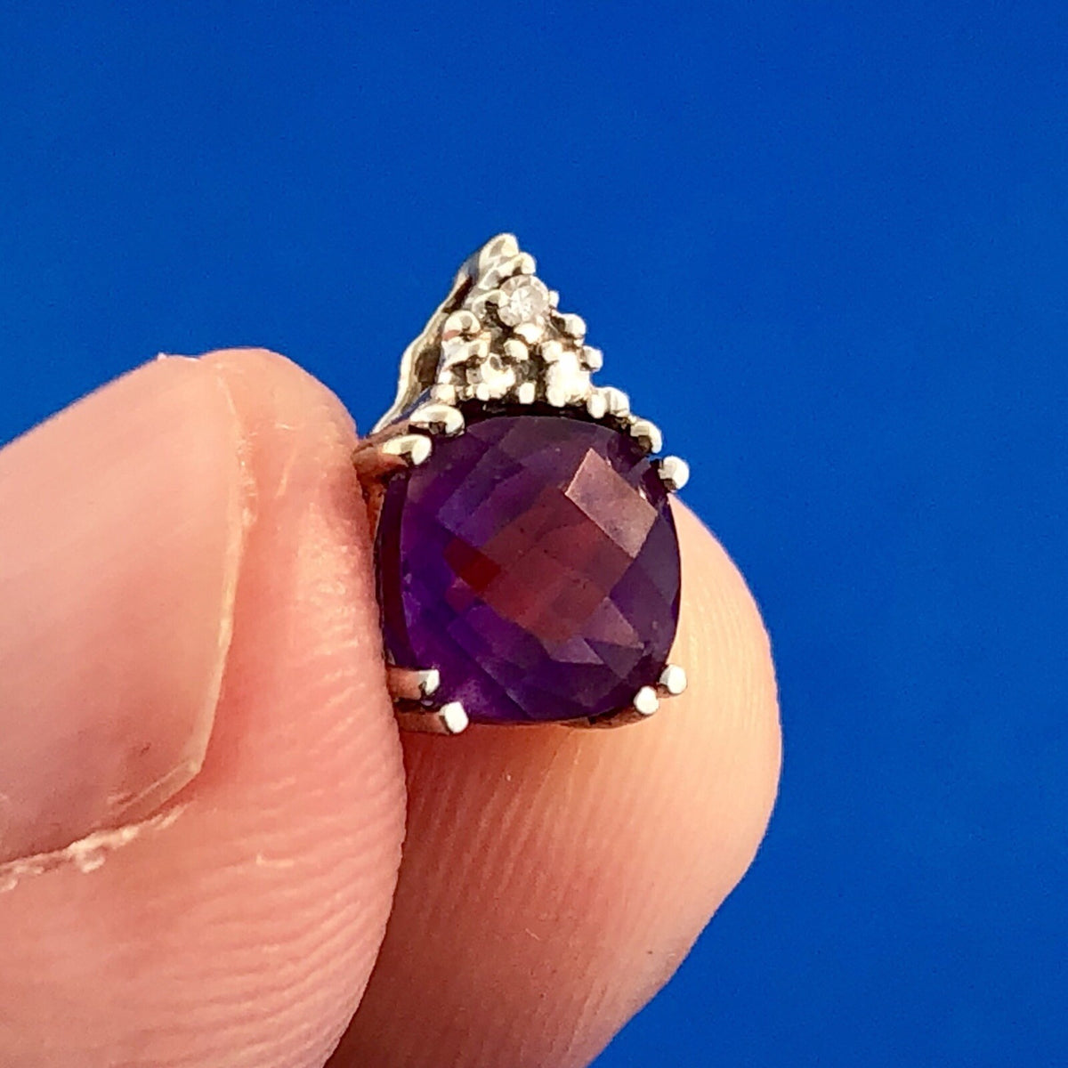 Designer 14K White Gold Cushion Cut Amethyst Diamond Accent Charm Pendant