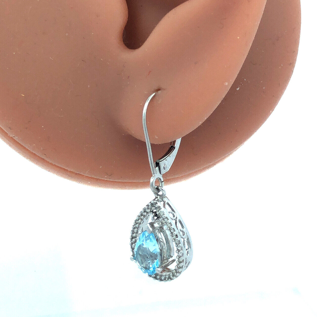 14k White Gold Pear Blue Topaz with Pave Diamond Halo Drop Dangle Earrings