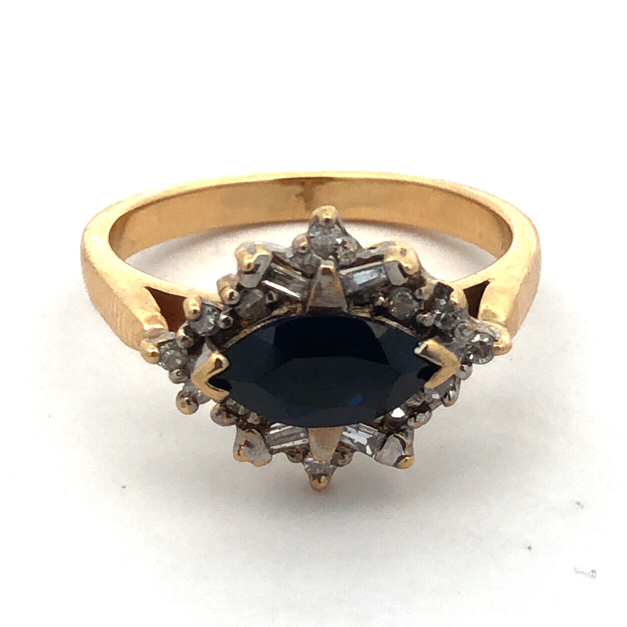 14k Yellow Gold Designer Marquise Cut Blue Sapphire Diamond Accented Ring