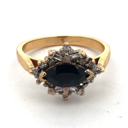 14k Yellow Gold Designer Marquise Cut Blue Sapphire Diamond Accented Ring