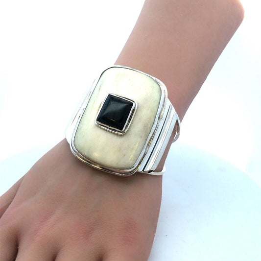 925 Sterling Silver Resin Black Tigers Eye Wide Cuff Bracelet