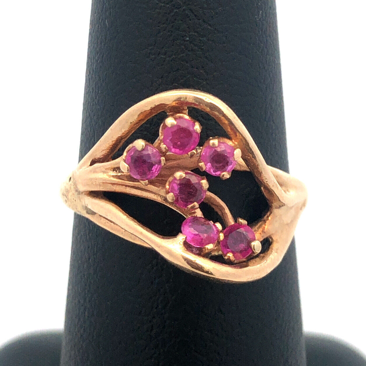 14K Yellow Gold Ruby Cluster Free Form Modernist July Birthday Cocktail Ring