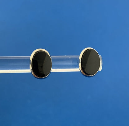 Gorgeous 14k White Gold Cabochon Black Onyx Oval Friction Back Stud Earrings