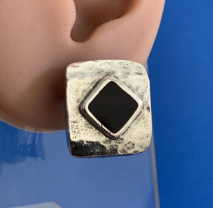 Vintage Hammered 925 Sterling Silver Square Black Onyx Clip On Earrings