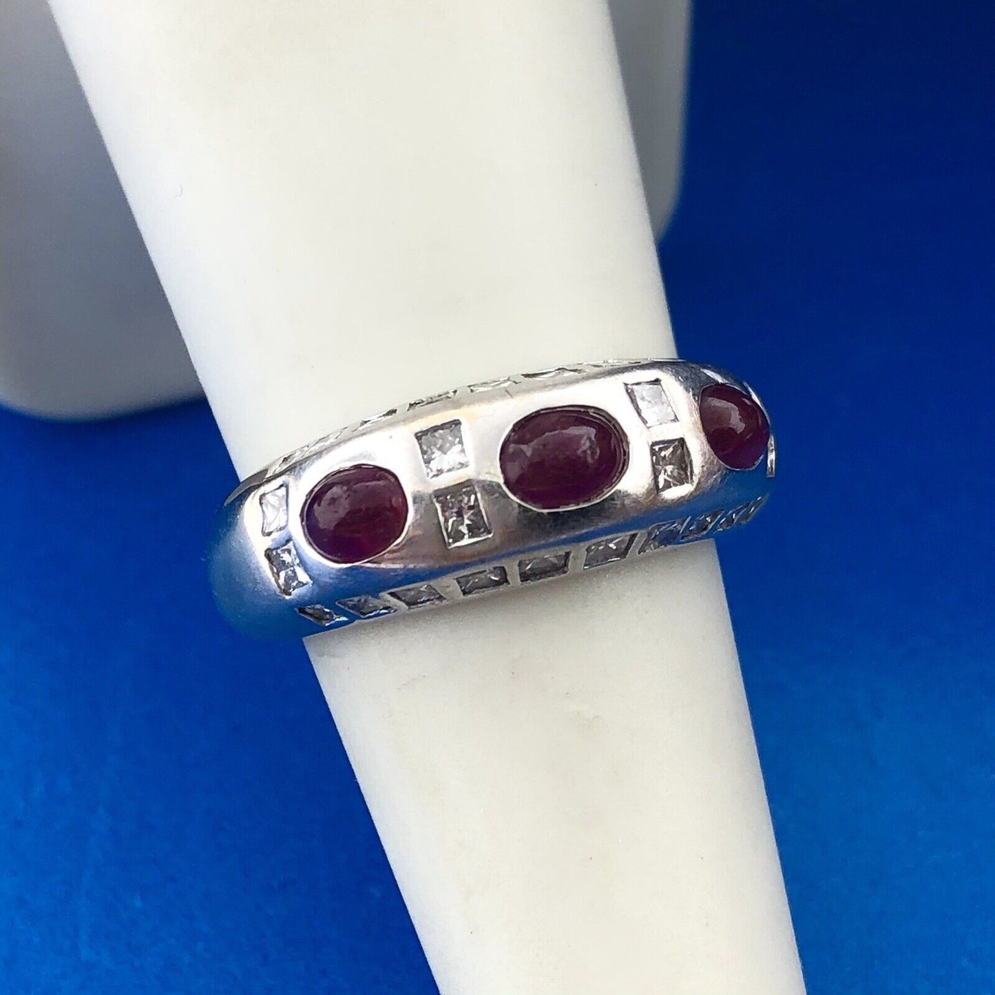 Art Deco Art Nouveau 18K White Gold Ruby Diamond July Anniversary Band Ring