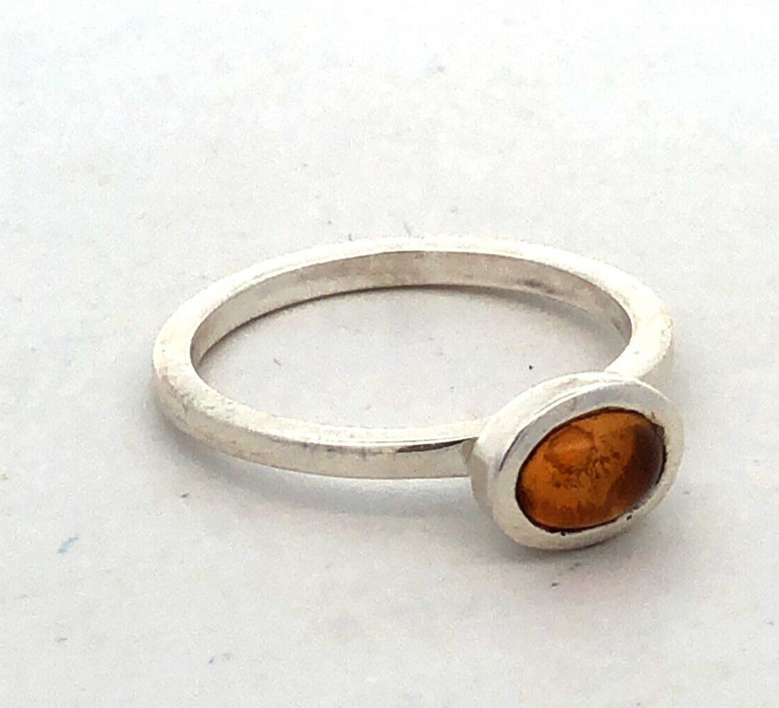 Estate 925 Sterling Silver Oval Orange Tourmaline Bezel Solitaire Ring