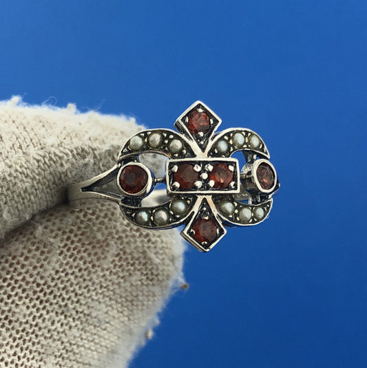 Vintage Sterling Silver 925 Orange Crystal Seed Pearl Fleur De Lis Ring