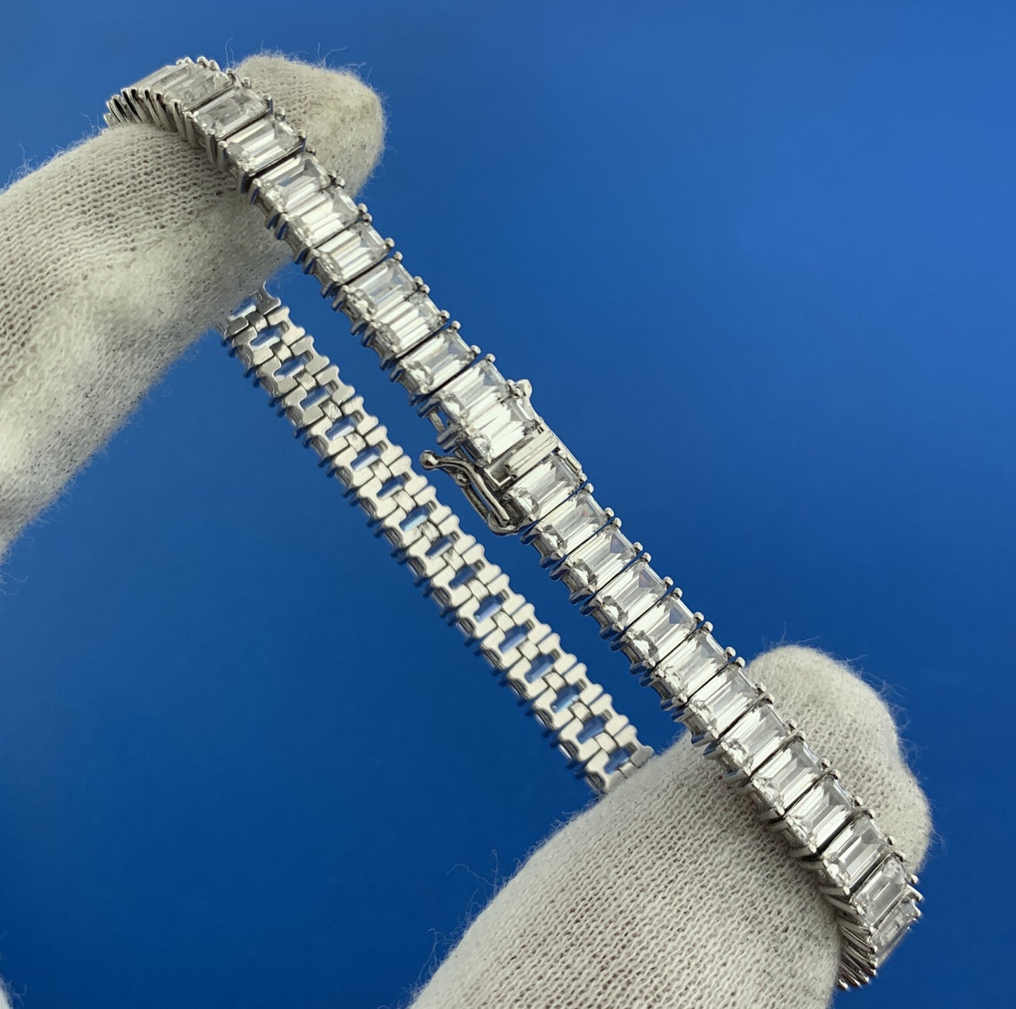 925 Sterling Silver Rectangle Cubic Zirconia Statement Tennis Bracelet
