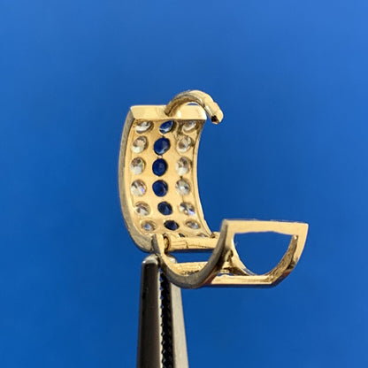 Designer JTS 14K Yellow Gold White Topaz Blue Sapphire Huggie Hoop Earrings