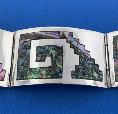Vintage Los Ballesteros Taxco 925 Sterling Silver Abalone Panel Cuff Bracelet
