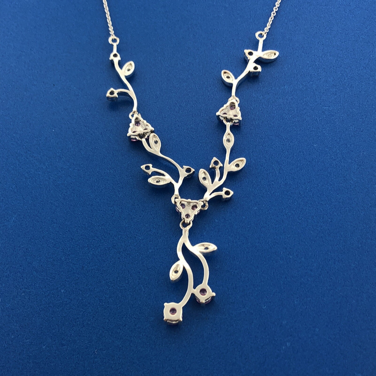 Exquisite Sterling Silver 925 Blue Pink White CZ Floral Scroll Drop Necklace