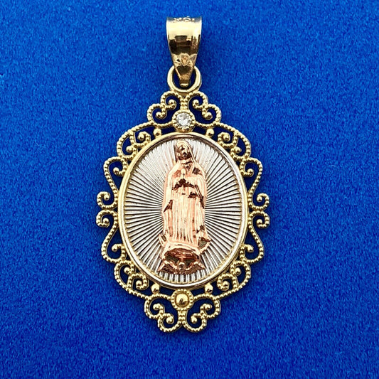 Vintage 10K Yellow White Rose Gold Diamond Oval Filigree Mother Mary Pendant