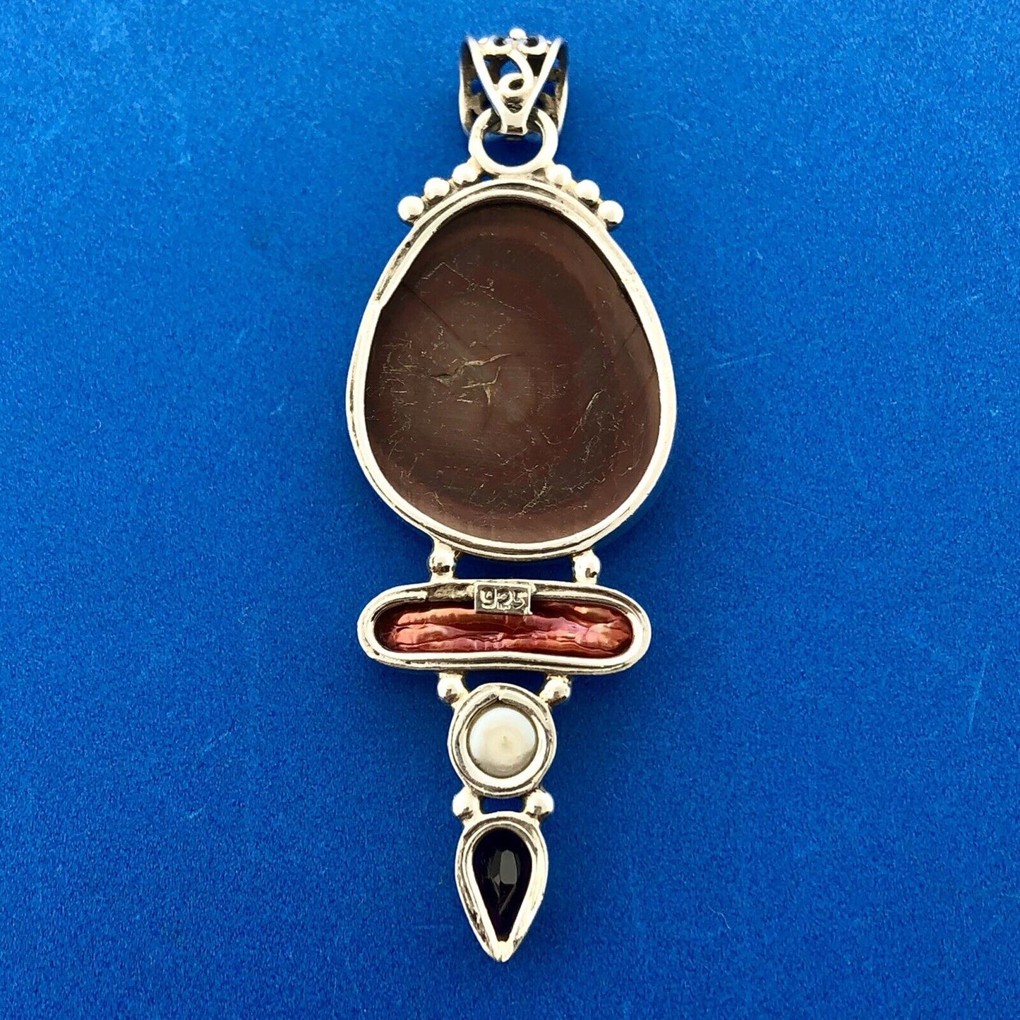 Sterling Silver 925 Carnelian Jasper MOP Garnet Pearl Statement Pendant