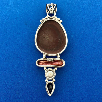 Sterling Silver 925 Carnelian Jasper MOP Garnet Pearl Statement Pendant