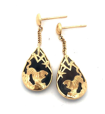 Estate 14K Yellow Gold Teardrop Smokey Quartz Etched Tiger Dangle Stud Earrings