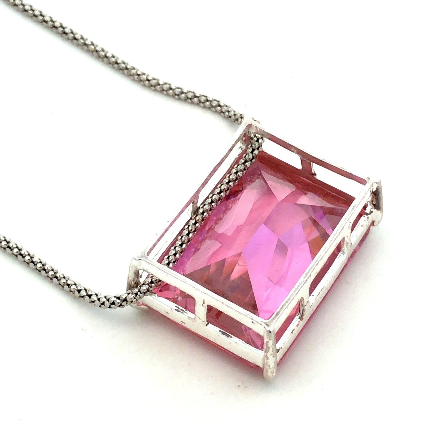 Designer SU 925 Sterling Silver Emerald Cut Pink Ice Cubic Zirconia Necklace