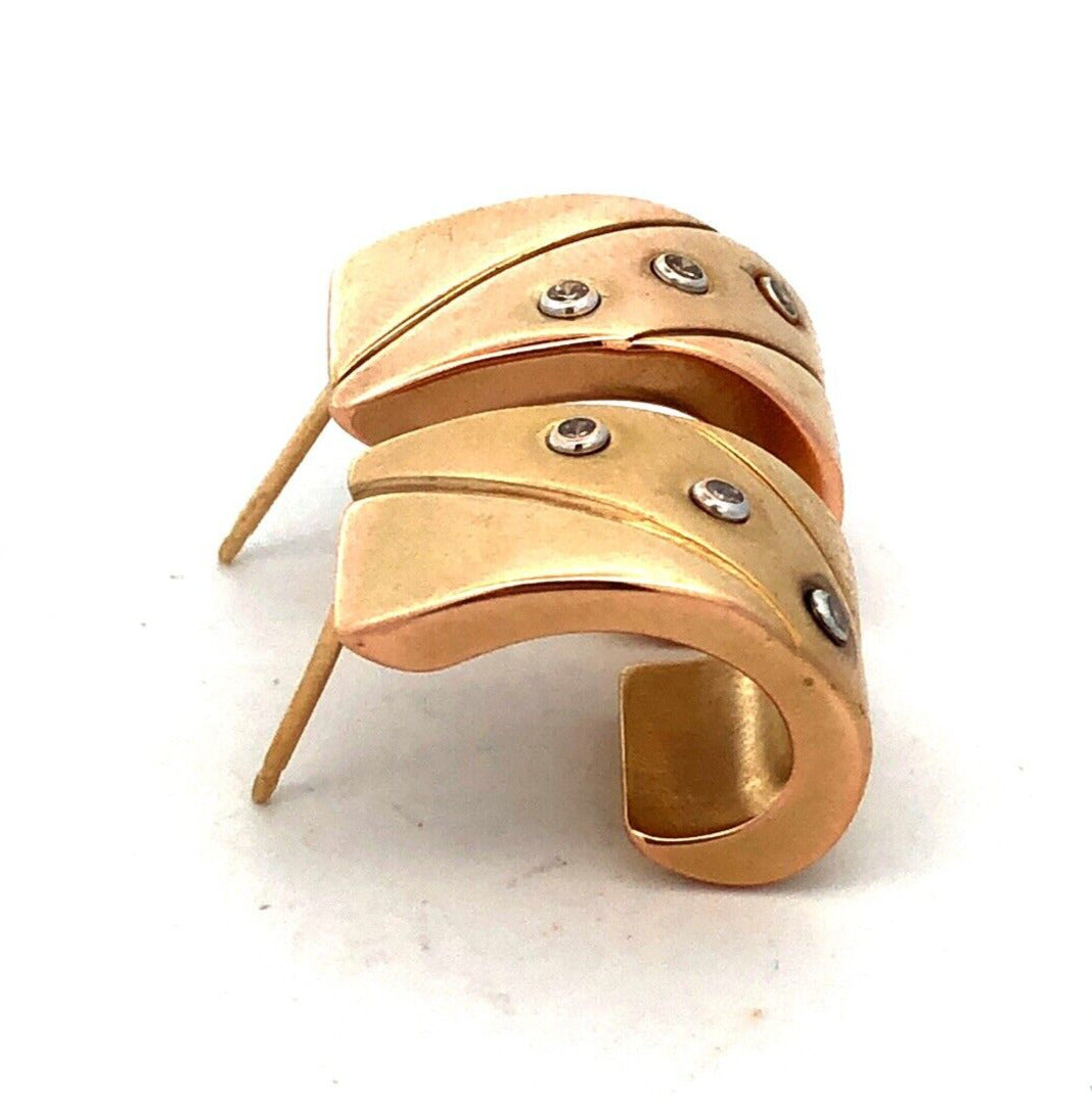 Designer 14K Yellow Gold Round Diamond Modernist Drop Half Hoop Stud Earrings