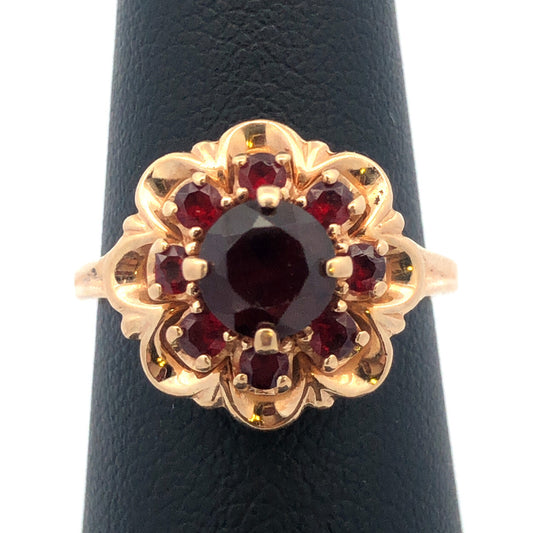 Vintage 10K Yellow Gold Garnet Flower Cluster Engagement January Cocktail Ring