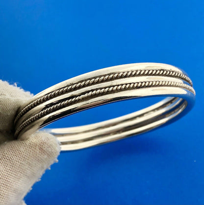 Classic 925 Sterling Silver Roped & Ribbed Statement Bangle Bracelet