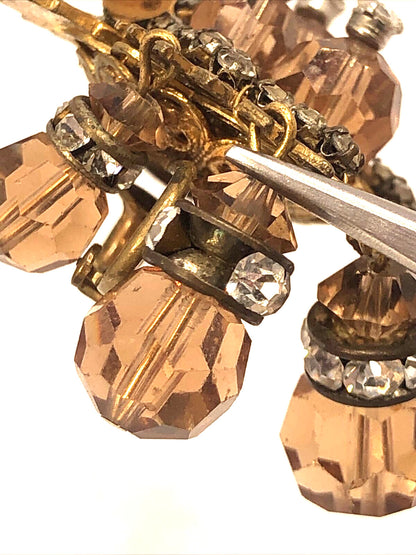 Mid Century Copper Tone Rhinestone Statement Dangle Clip On Stud Earrings
