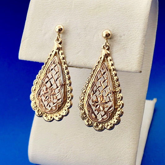 Vintage JCM 14K Yellow Rose Gold Floral Filigree Scroll Pear Dangle Earrings