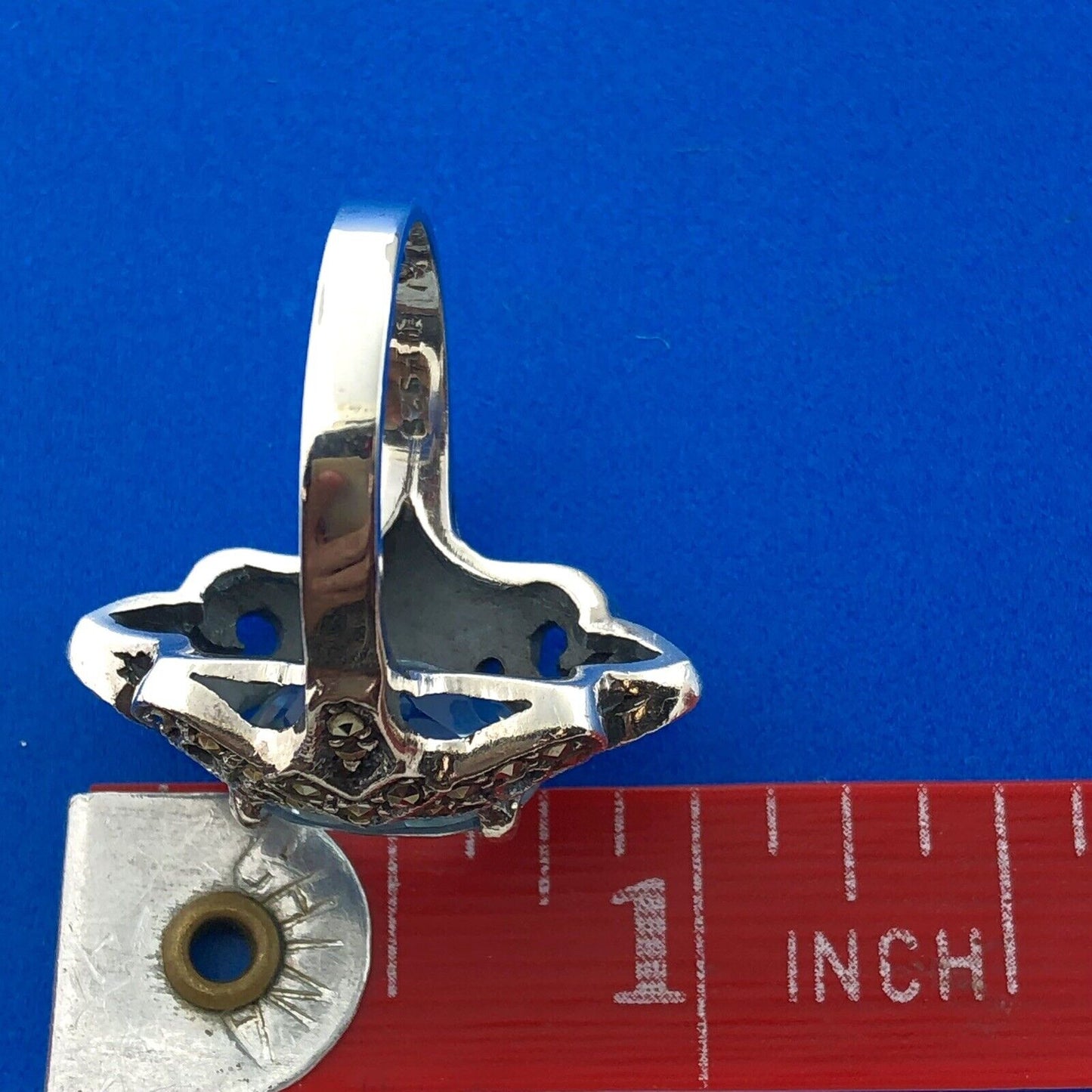 Estate 925 Sterling Silver Oval Blue Topaz Marcasite December Anniversary Ring