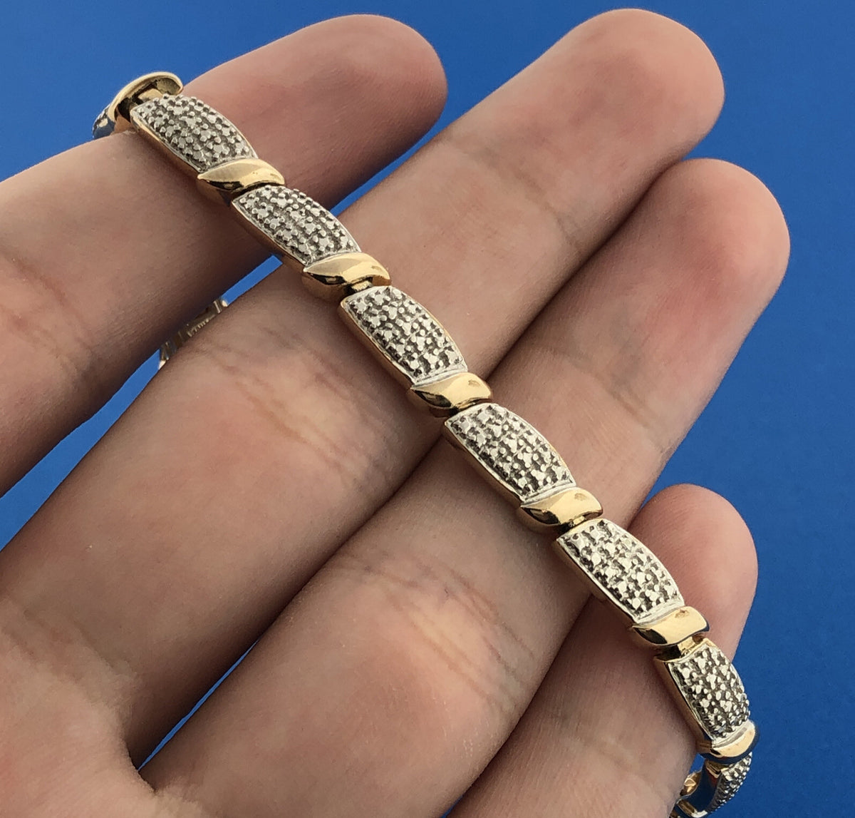 Classic Sterling Silver 925 Vermeil Two Tone Diamond Statement Tennis Bracelet