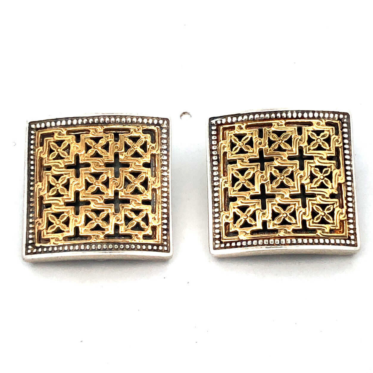 925 Sterling Silver 18K Yellow Gold Designer Floral Square Clip On Stud Earrings