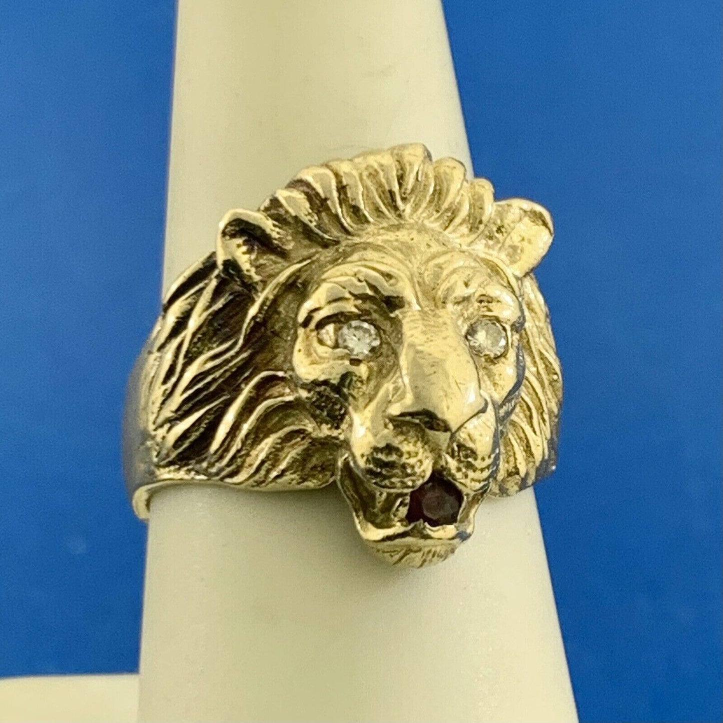 Custom 14K Yellow Gold Diamond Eyes Ruby Mouth Lions Head Statement Ring