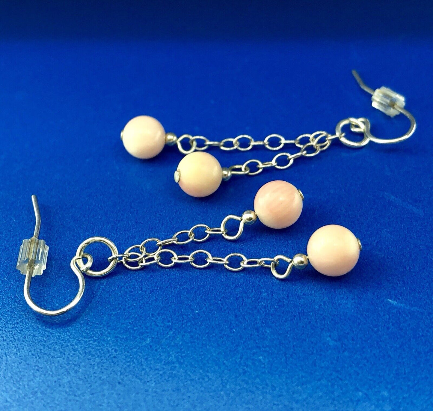 Designer Sterling Silver 925 Pink Coral Ball Bead Drop Dangle Earrings