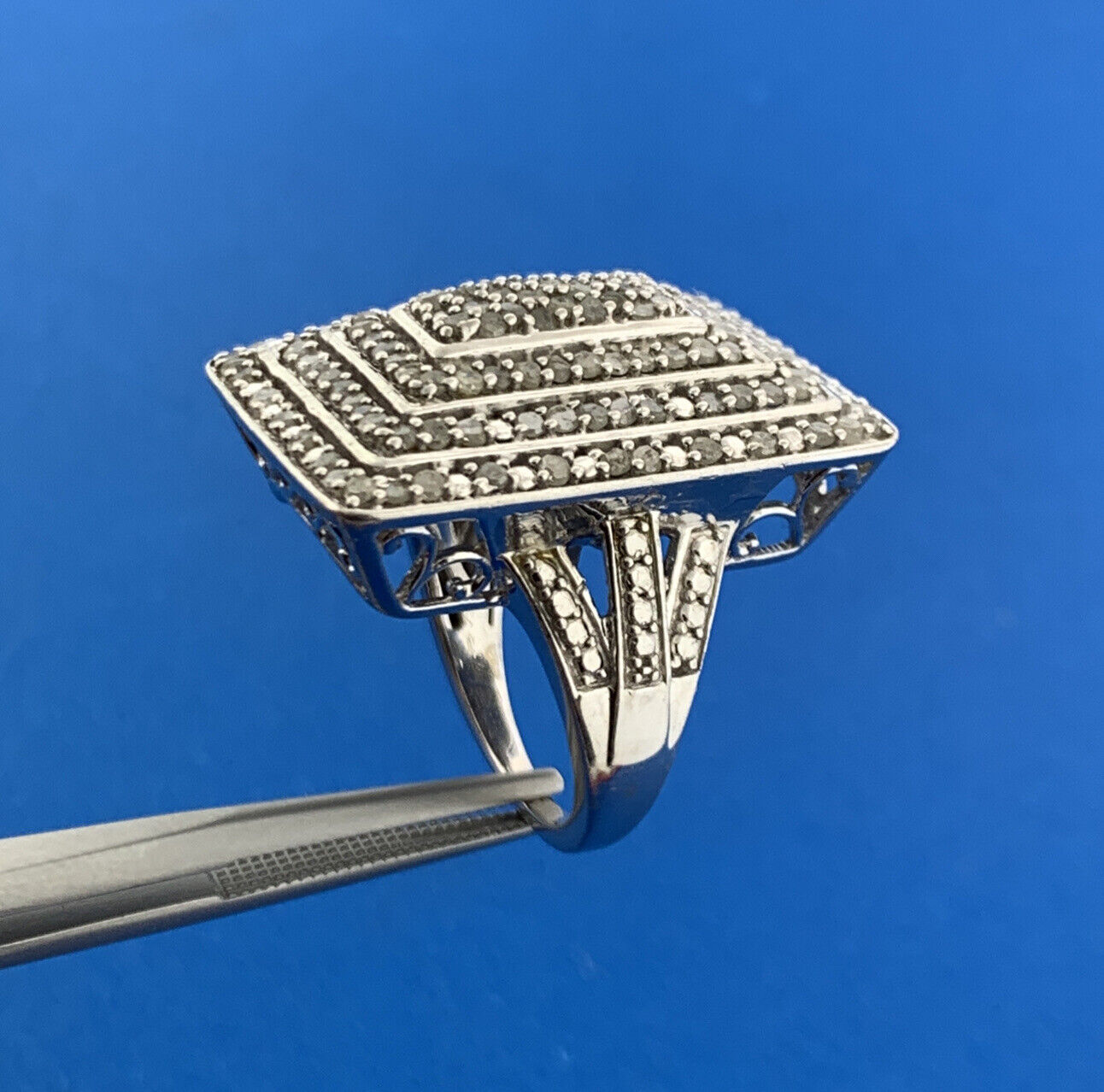 Designer 925 Sterling Silver Pave Diamond Rectangle Statement Finger Dome Ring